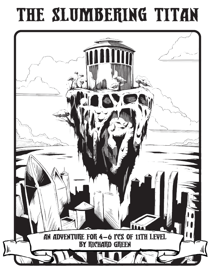 The Slumbering Titan cover depicting a tower floating over a ruined city