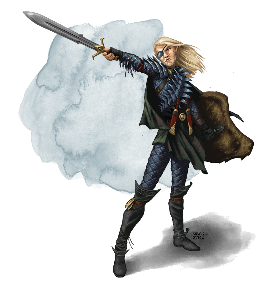 Male elf fighter with blond hair wearing an eye patch and brandishing a long sword