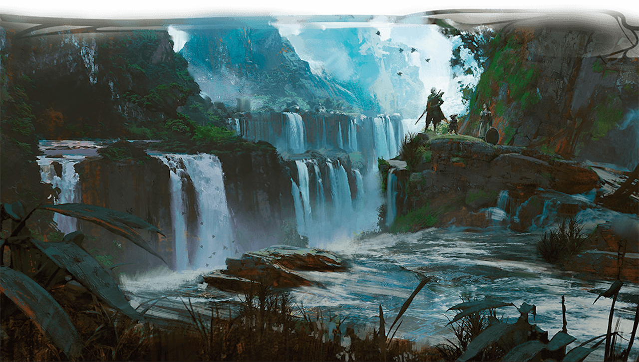 Adventurers standing overlooking a series of jungle waterfalls